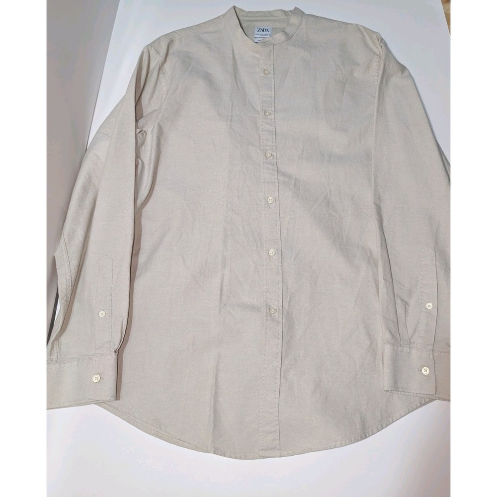 Men's Relaxed Fit Zara Long Sleeve Button Down 100% Cotton Shirt XL Beige